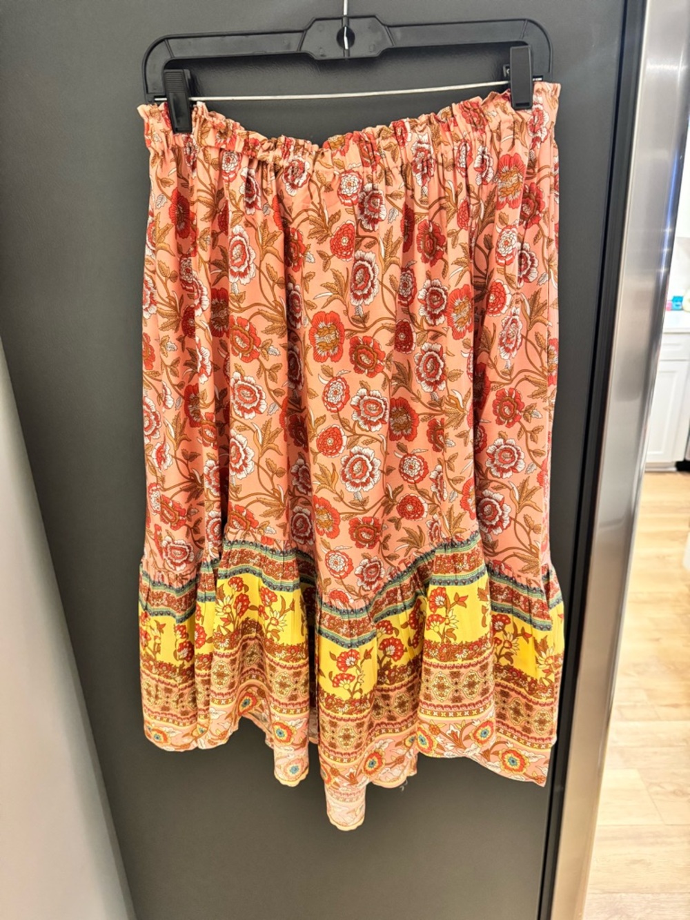 easel Peach Floral Boho Skater Skirt with Yellow Border - Picture 2 of 4